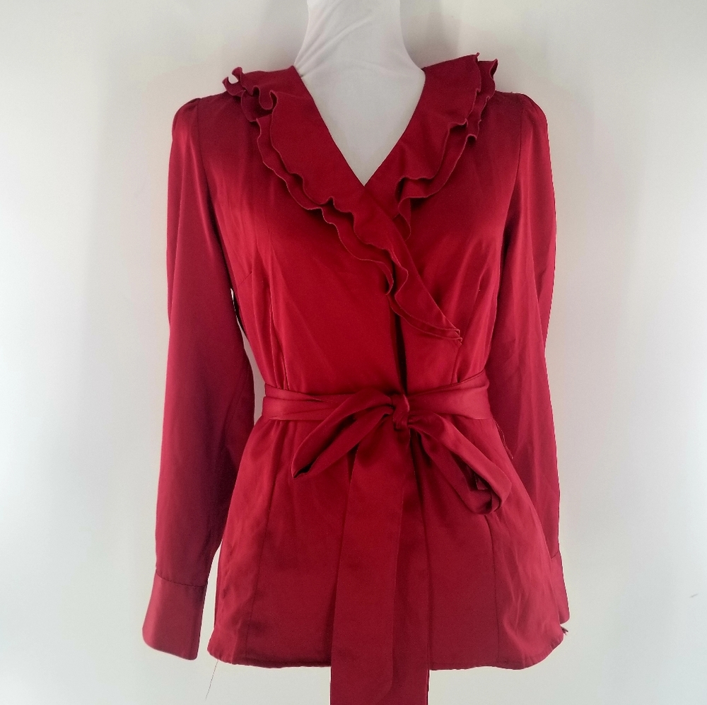 East 5th red silky feel blouse with waist tie sz M